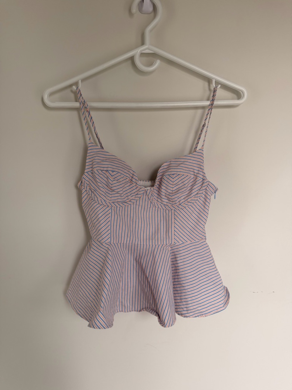 Pin-Striped Peplum Bustier Top in White, Blue & Pink